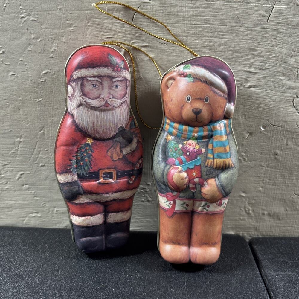 2 Santa Claus & Santa Bear Ornament tins 5" Candy Tin.